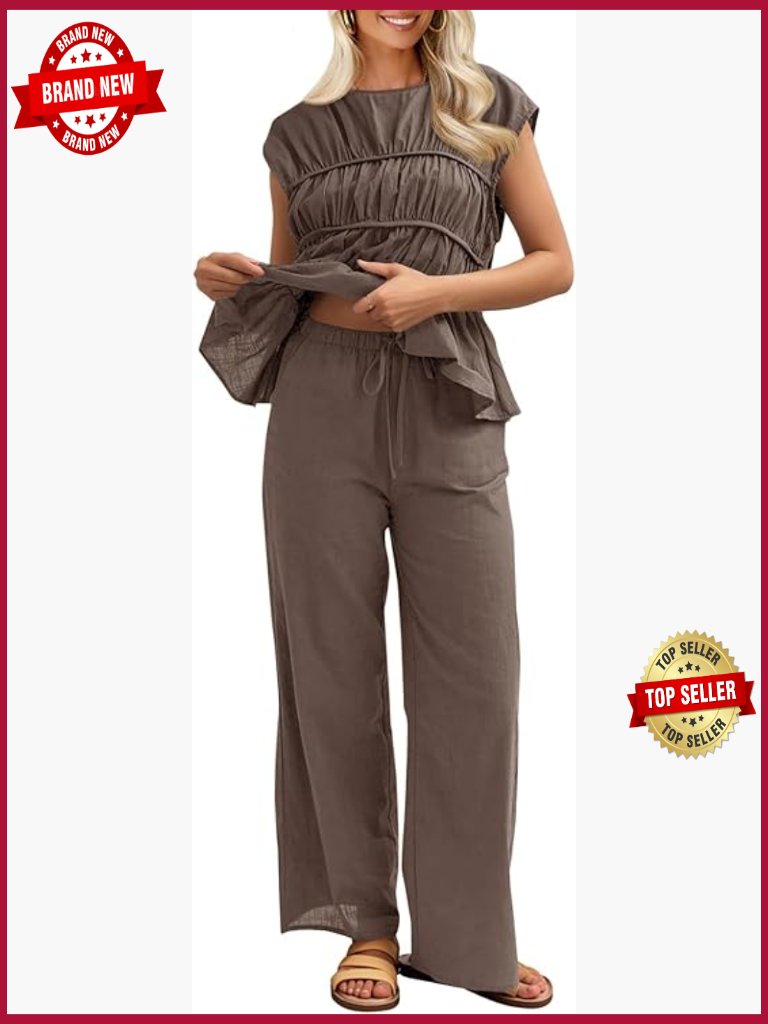 2 Piece Linen Babydoll Peplum Tank Top And Pants Set Summer Travel Outfit
